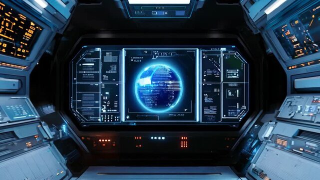 Futuristic spaceship cockpit interface with holographic displays. Sci-fi spacecraft control panel with data analytics. High-tech UI, HUD design. Future space station interior with interactive screen. 