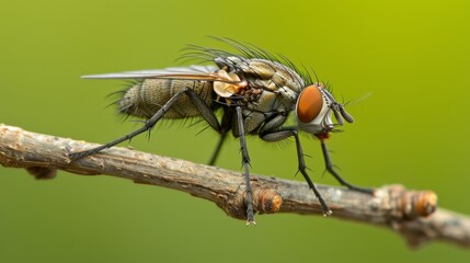 House fly perched on a small branch