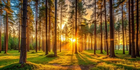 Obraz premium Sunset casting a warm glow through the trees in a serene forest setting, sunset, forest, nature, trees, sunlight, evening