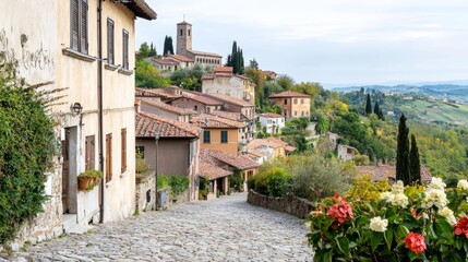 Fototapeta premium A traditional Italian village on a hillside, with cobblestone streets and terracotta rooftops