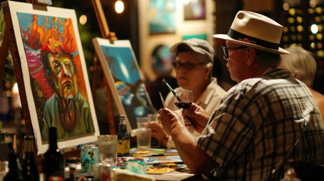 A man is painting a picture of a man with a hat on