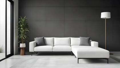 A modern, minimalist living room with a large white sectional sofa and a concrete wall in the background.