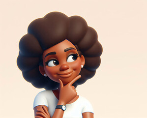 Cartoon character, portrait of young adult black woman in 3D style design on light background. Human people feelings expression concept