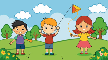 three kids flying kites vector illustration