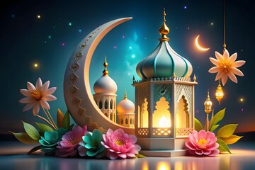 Obraz premium 3d modern Islamic holiday background. Muslim Holy Month Ramadan Kareem - Ornamental Arabic Lantern metal moon, and mosque portal, luxury Ramadan background. 