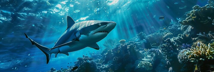Obraz premium Underwater exploration of a shark swimming near coral reefs in clear tropical waters. Copy space