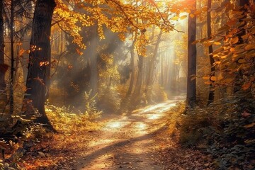 Obraz premium Autumn travel concept with colorful foliage, cozy vibes, and scenic landscapes...