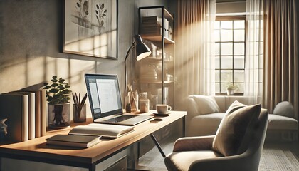 Fototapeta premium Cozy Home Office with Wooden Desk and Natural Light
