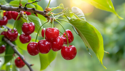 Branch of ripe cherries on a tree in a garden