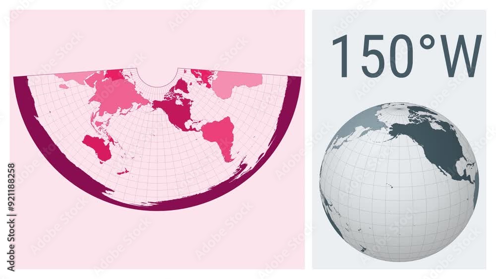 Aufkleber animated world map in conic equidistant projection. loopable animation showing longitude shift and m