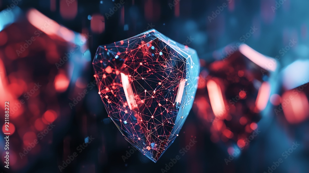Poster a futuristic shield design featuring glowing red elements and a digital network pattern, symbolizing