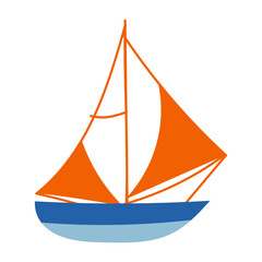 A cartoon drawing of a sailboat with a blue and orange stripe. The boat is on a white background