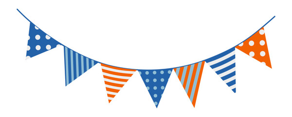 Obraz premium A banner with blue, orange and white stripes and dots hangs on a white background. The banner is decorated with flags and is colorful