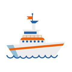 A cartoon ship with a flag on top. The flag is orange and white