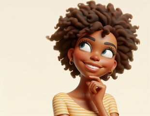 Cartoon character, portrait of young adult black woman in 3D style design on light background. Human people feelings expression concept