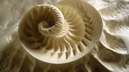 A close-up of a nautilus shell with a textured surface. The shell is a light cream color with a spiral pattern.