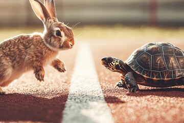 A playful rabbit and a steady turtle face off on a racetrack, embodying the classic tale of speed versus perseverance.