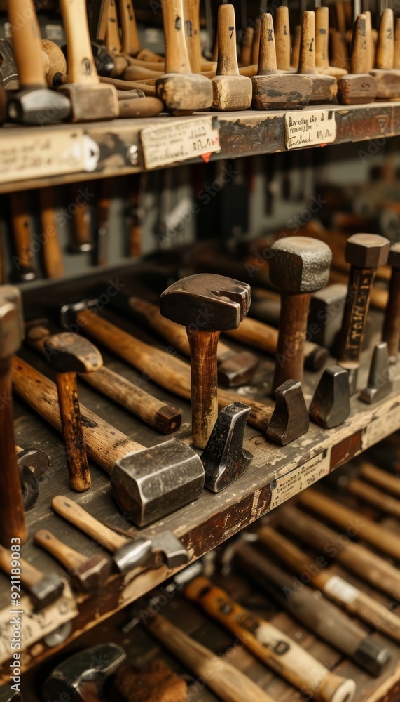 Poster specialized hammers display in a hardware store for various uses including ball peen and claw types