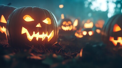 A spooky scene featuring glowing jack-o'-lanterns in a misty setting, perfect for Halloween-themed projects and celebrations.