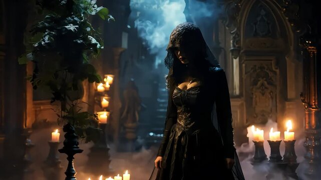 Mysterious woman in a dark, gothic setting, wearing a lace hooded cloak, dim candlelight.