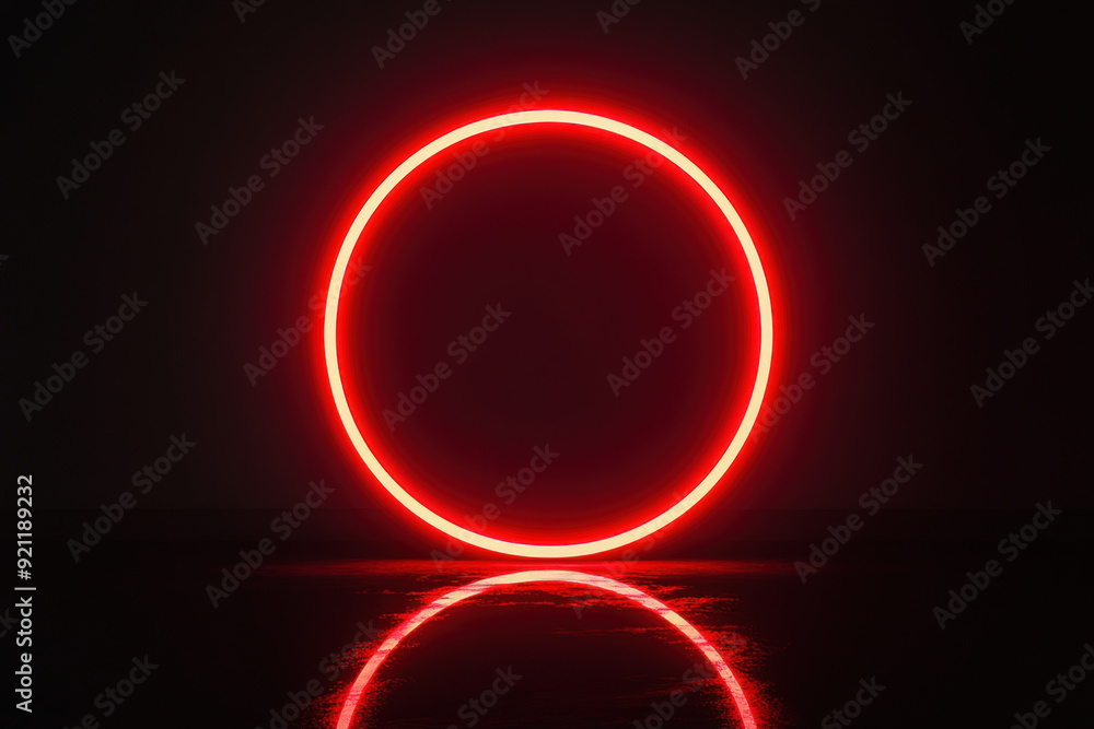 Poster red neon circle glowing in dark space with reflections creating a mysterious and futuristic atmosphe