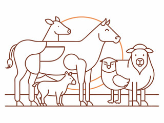 continuous single line drawing of farm animals, livestock line art vector illustration
