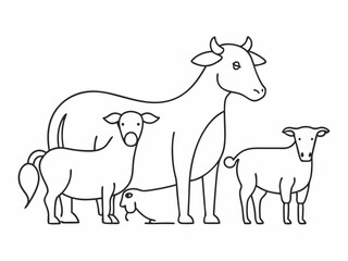 continuous single line drawing of farm animals, livestock line art vector illustration

