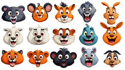 Cartoon animal faces with exaggerated expressions
