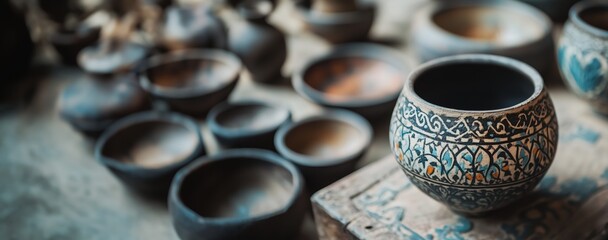 Handmade Clay Pottery with Intricate Patterns on Display in Artisan Market.