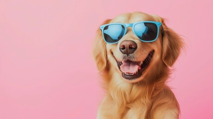 Portrait of smiling retriever dog with blue sunglasses isolated on light pink background studio with copy space. Summer pet concept. Photo for pet store, club. Backdrop for banner, cover, postcard