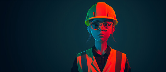 Obraz premium A construction worker dons a reflective safety vest and a hard hat, illuminated by dramatic red and blue lighting that highlights their commitment to safety - Generative AI