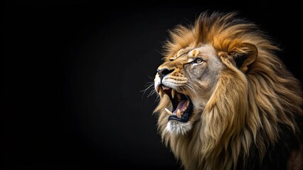 Naklejka premium Lion roaring fiercely at the camera on a black background, lion, predator, aggressive, fierce, jungle, wildlife