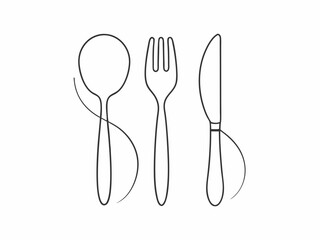 continuous single line drawing of cutlery, fork, knife and spoon, line art vector illustration
