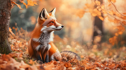 Cute fox in the autumn forest, with orange tones of an autumn day, in a portrait of a wild nature predator.