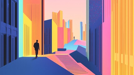 A vibrant urban landscape showcasing colorful buildings and a solitary figure walking through a stylish city street.