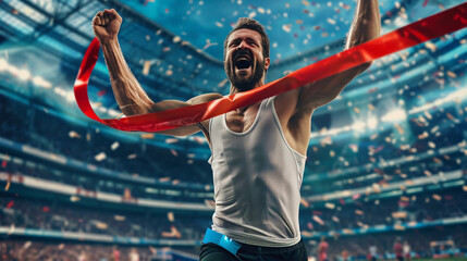 Male athlete crossing the finish line in first place