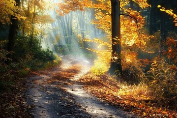 Fototapeta premium Autumn travel concept with colorful foliage, cozy vibes, and scenic landscapes...