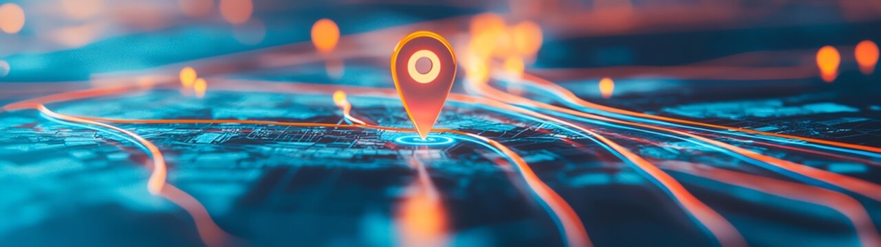 A vivid representation of a GPS location pin on a digital map, symbolizing navigation and connectivity in modern travel.