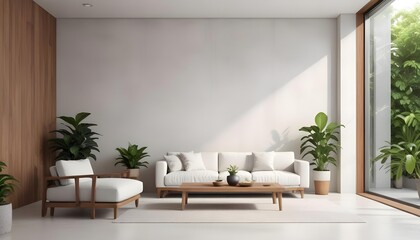 A modern living room with a white sofa, wooden coffee table, and potted plants against a white concrete wall.