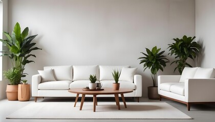 A modern living room with a white sofa, wooden coffee table, and potted plants against a white concrete wall.