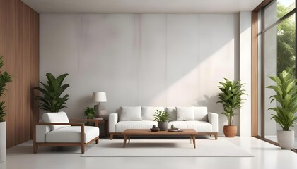 Fototapeta premium A modern living room with a white sofa, wooden coffee table, and potted plants against a white concrete wall.