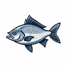 A detailed illustration of a silver fish with black fins and a white background.