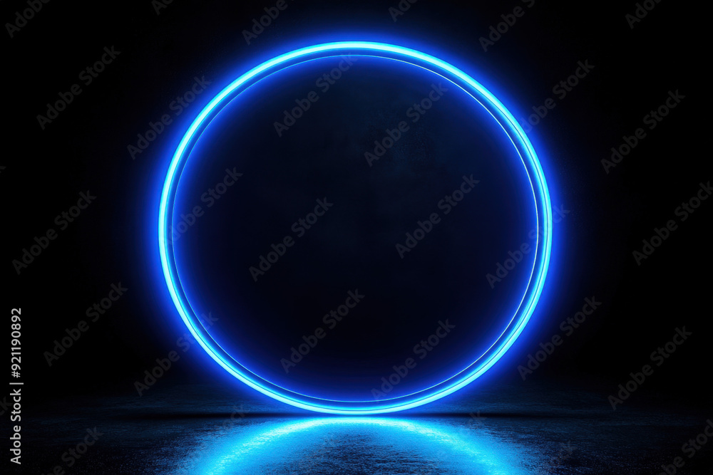 Poster blue neon circle glowing in a dark empty space with copy space