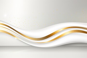 Abstract white and gold wavy background with glittery accents.