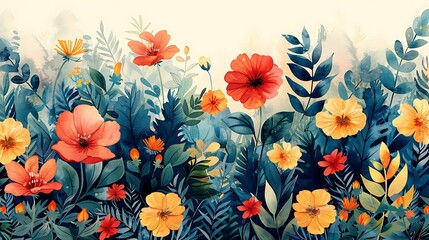 Obraz premium A harmonious watercolor pattern featuring a variety of botanical elements such as ferns, leaves, and flowers, painted in vibrant hues, arranged in a seamless garden design with soft gradients and intr