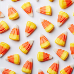 Fototapeta premium A pattern of yellow and orange candy corn on a white background.