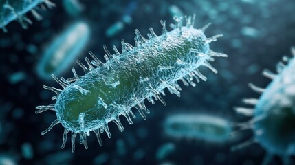 Naklejka premium Detailed Close-up of Bacteria with Flagella, Scientific Background with Copy Space