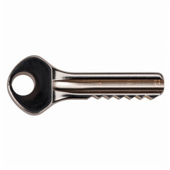A single, shiny metal key with a rounded head and serrated edge lies isolated on a white background.