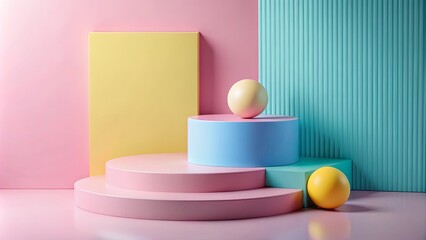 Pastel multicolored background with blue, pink stepped pedestal and yellow sphere for product display , pastel, multicolored