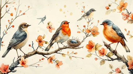 Fototapeta premium A harmonious watercolor pattern featuring various birds perched on branches with nests and eggs, painted in gentle watercolors, arranged in a seamless design with soft gradients and intricate details,